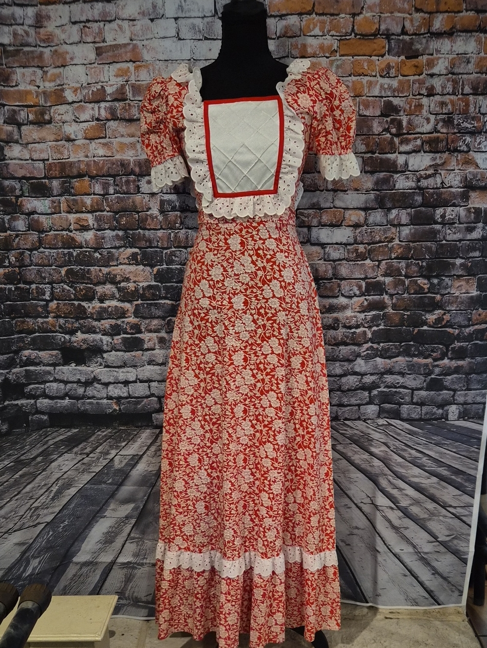 Neiman Marcus 70s Red and White Floral Calico Prairie Dress with Lace Bib Detail
